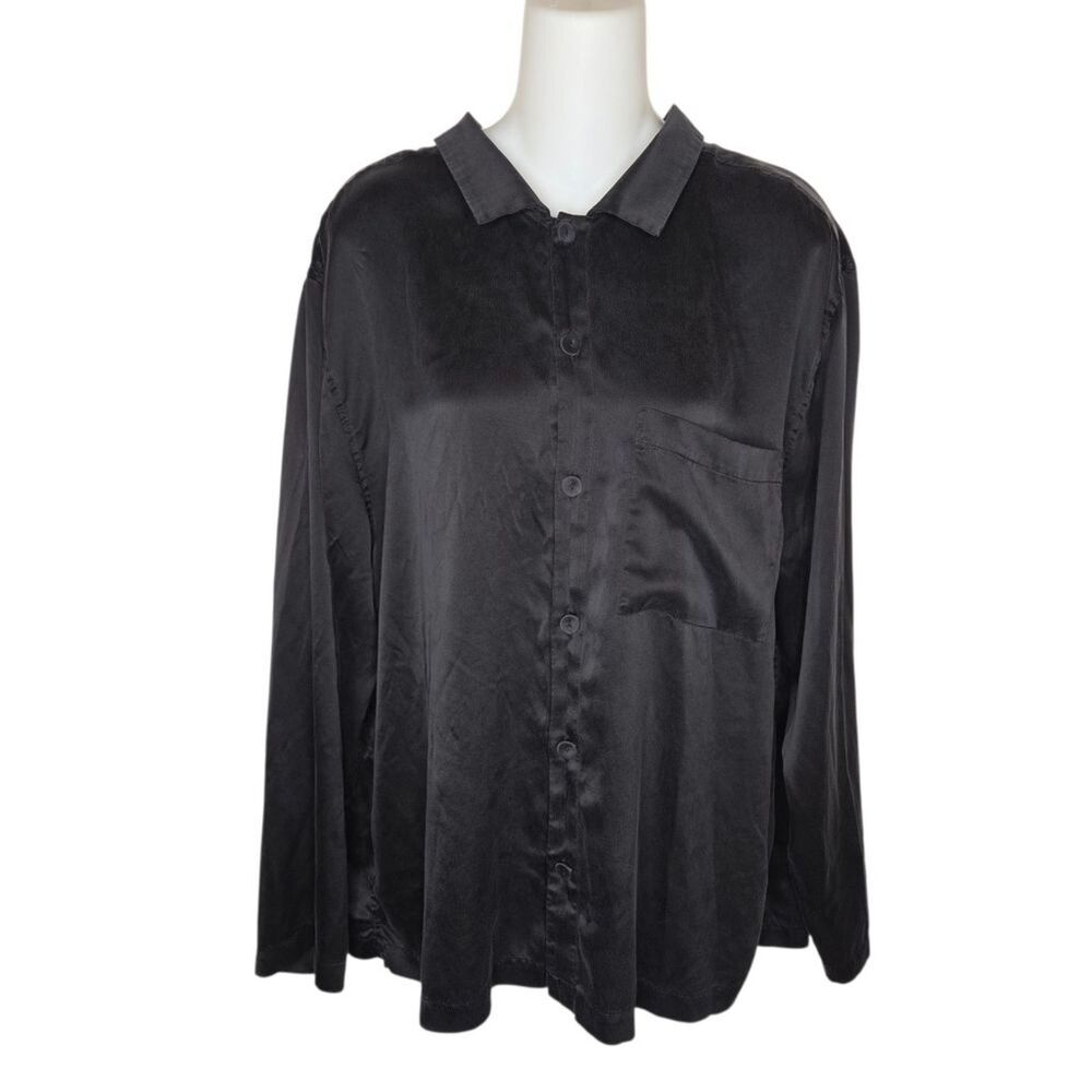 Lunya Washable Silk Black Button-Down Blouse Pajama Top, Size Large